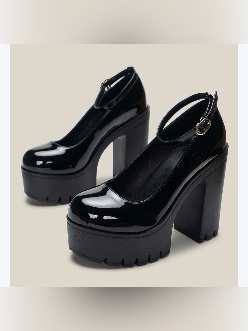 Black Patent Platform Mary Jane Heels with Ankle Strap women 7.5